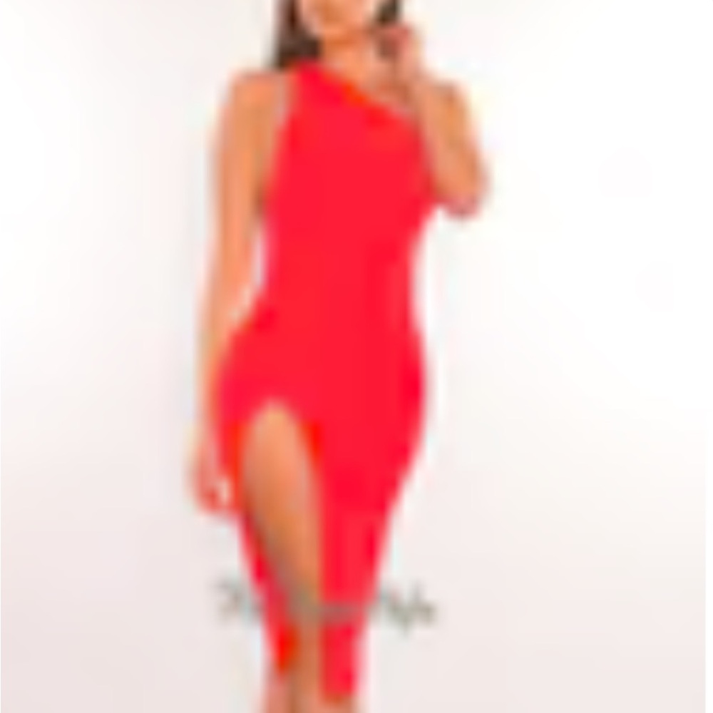Red One Shoulder Strappy Back Slit Dress